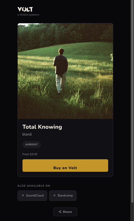 A VOLT Amp Share page for a release, showing artwork, a Buy on Volt button, Also Available On links to SoundCloud and Bandcamp, and a Share button